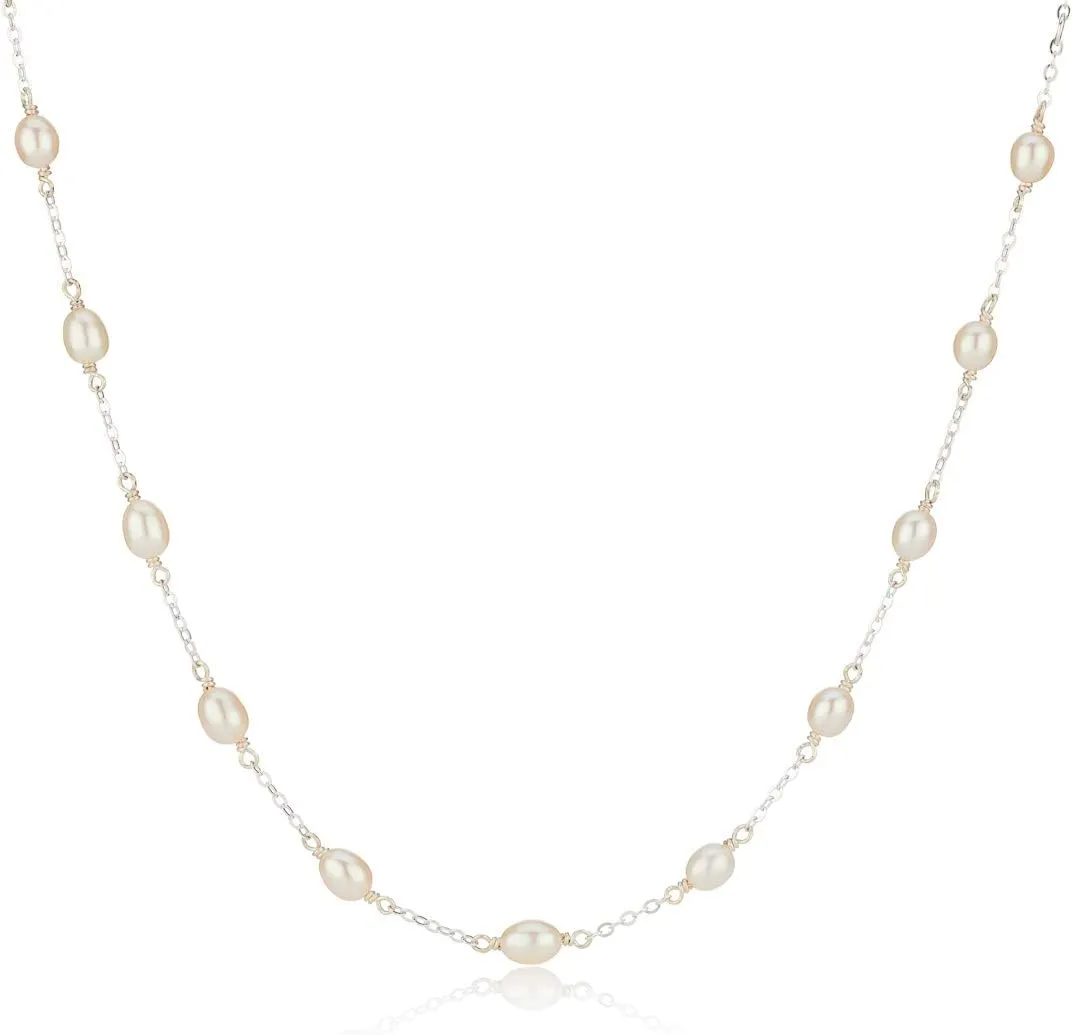 Sterling Silver Chain & Pearl Necklace For Girls and Women. Delicate Teen Jewelry Present For Holy Communion, Flower Girl Gift, Birthday, Sweet 16