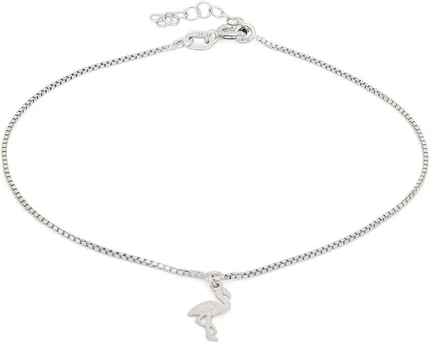 Sterling Silver Jewelry - Rhodium Plated 925 Stamp - Dangling Flamingo Anklet - Stylish Beautifully Designed for Women - 9" Long   1" Extender