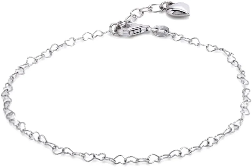 Sterling Silver Jewelry - Rhodium Plated 925 Stamp - Interlinked Chain & Drop Heart Anklet - Stylish Beautifully Designed for Women - 9" Long   1" Extender