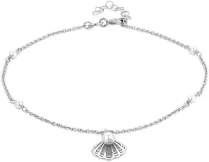 Sterling Silver Jewelry - Rhodium Plated 925 Stamp - Sea Shell Anklet with Artificial Pearl - Stylish Beautifully Designed for Women - 9" Long   1" Extender