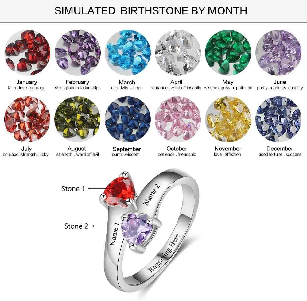 Sterling Silver Personalized mothers ring with 2 birthstones family jewelry gift for her promise ring customized name engraved ring