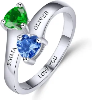 Sterling Silver Personalized mothers ring with 2 birthstones family jewelry gift for her promise ring customized name engraved ring