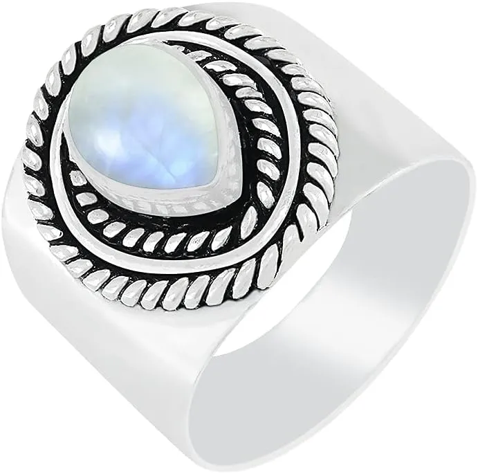 Sterling Silver Plated Natural Gemstone Handmade Statement Wide Band Rings for Women - Teardrop Shape Stone Southwest Bohemian Birthstone Ring Jewelry - Gifts for Mom Wife Sister