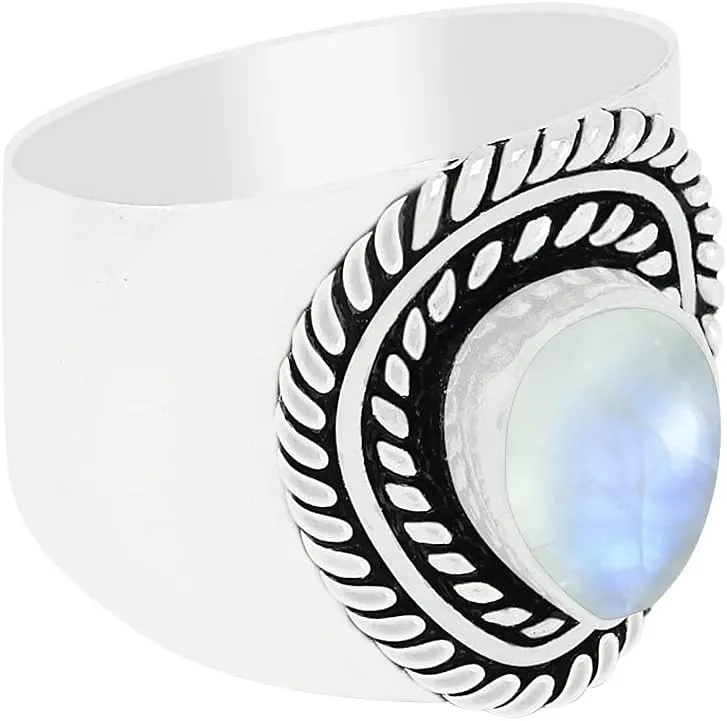 Sterling Silver Plated Natural Gemstone Handmade Statement Wide Band Rings for Women - Teardrop Shape Stone Southwest Bohemian Birthstone Ring Jewelry - Gifts for Mom Wife Sister