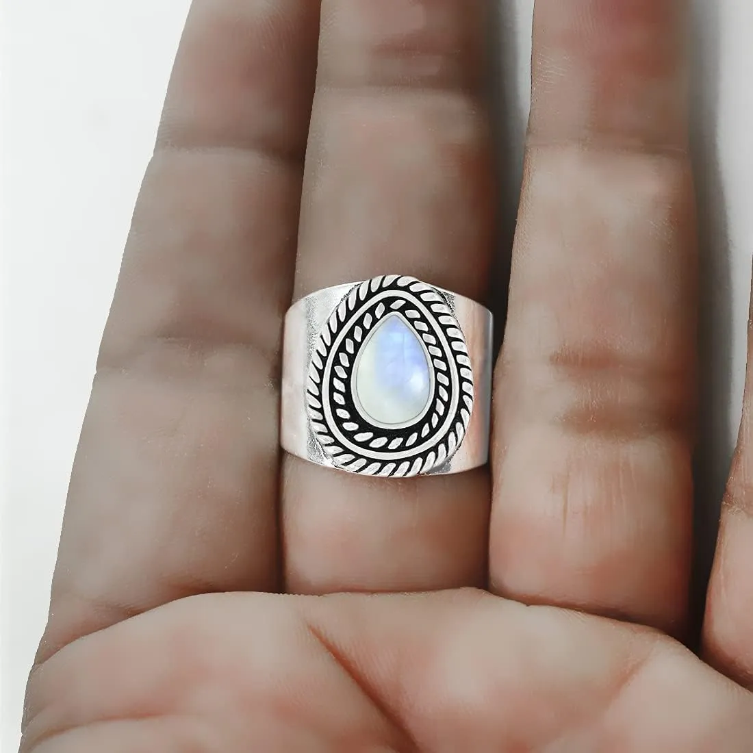 Sterling Silver Plated Natural Gemstone Handmade Statement Wide Band Rings for Women - Teardrop Shape Stone Southwest Bohemian Birthstone Ring Jewelry - Gifts for Mom Wife Sister