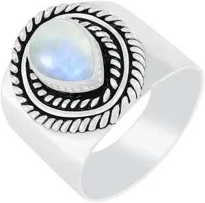 Sterling Silver Plated Natural Gemstone Handmade Statement Wide Band Rings for Women - Teardrop Shape Stone Southwest Bohemian Birthstone Ring Jewelry - Gifts for Mom Wife Sister