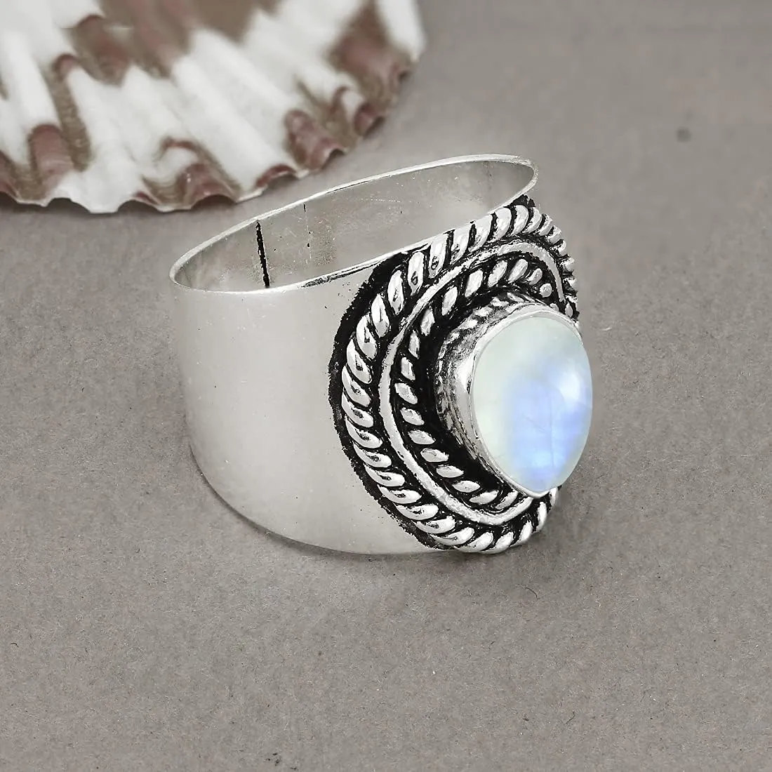 Sterling Silver Plated Natural Gemstone Handmade Statement Wide Band Rings for Women - Teardrop Shape Stone Southwest Bohemian Birthstone Ring Jewelry - Gifts for Mom Wife Sister