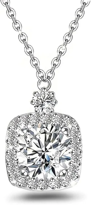 Sterling Silver Square Necklace for Women CZ Thiny Princess Cut Simulated Diamond Pendant Necklace Small Dainty Sparkling 1 Carat Halo Birthstone Jewelry for Mother's Day Anniversary Birthday Gift