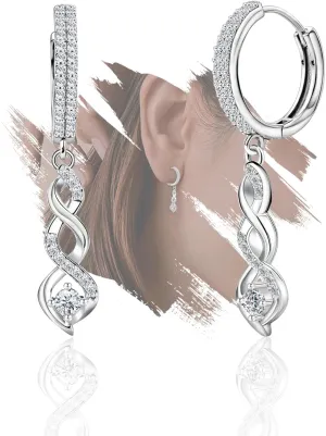Sterling Sliver Spiral Hoop Earrings with Dangle for Women Hypoallergenic Cubic Zirconia Fashion Elegant Hoop Dangling Earrings for Wife Mom