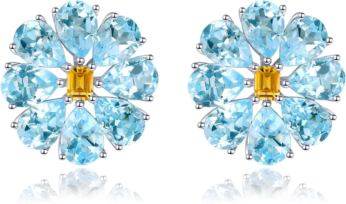 Stud Earrings for Women S925 Sterling Silver Setting Natural Gemstone Sky Blue Topaz Citrine Studs Earring Elegant Style Rhodium Plated Fine Jewelry for Birthday