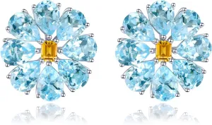 Stud Earrings for Women S925 Sterling Silver Setting Natural Gemstone Sky Blue Topaz Citrine Studs Earring Elegant Style Rhodium Plated Fine Jewelry for Birthday