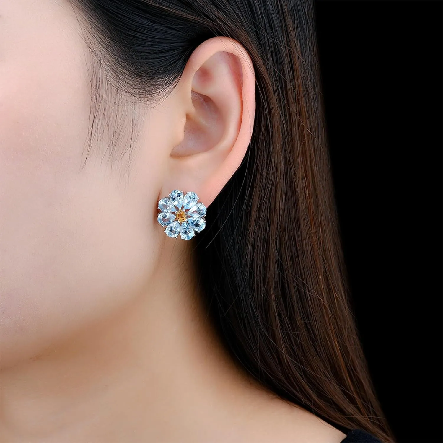 Stud Earrings for Women S925 Sterling Silver Setting Natural Gemstone Sky Blue Topaz Citrine Studs Earring Elegant Style Rhodium Plated Fine Jewelry for Birthday