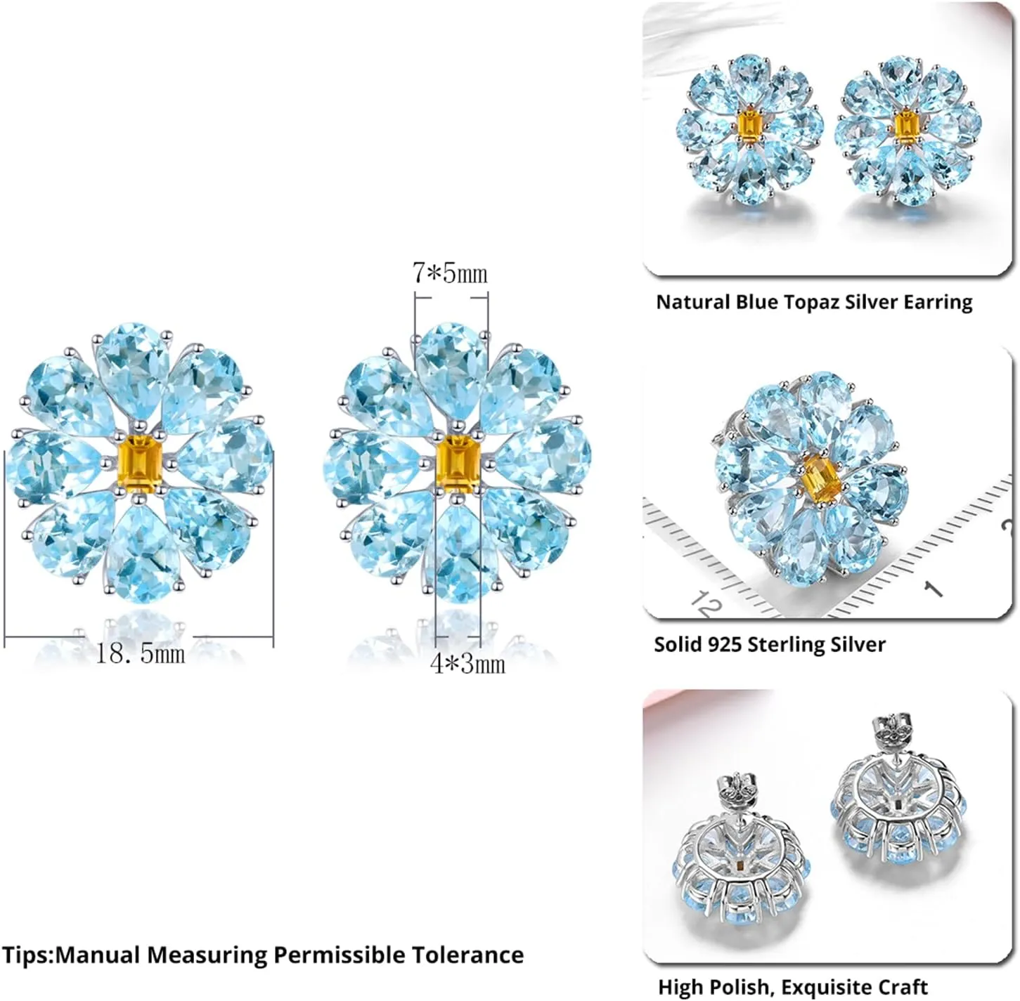 Stud Earrings for Women S925 Sterling Silver Setting Natural Gemstone Sky Blue Topaz Citrine Studs Earring Elegant Style Rhodium Plated Fine Jewelry for Birthday