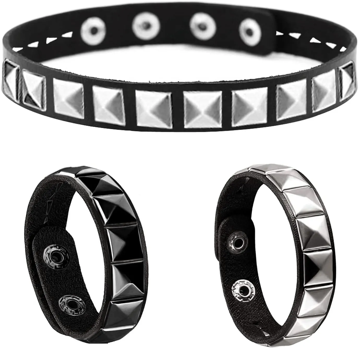Studded Leather Choker Necklace and Bracelets Set for 80s 90s Vintage Women Men Punk Rock Emo Goth Jewelry Scene Costume Accessories