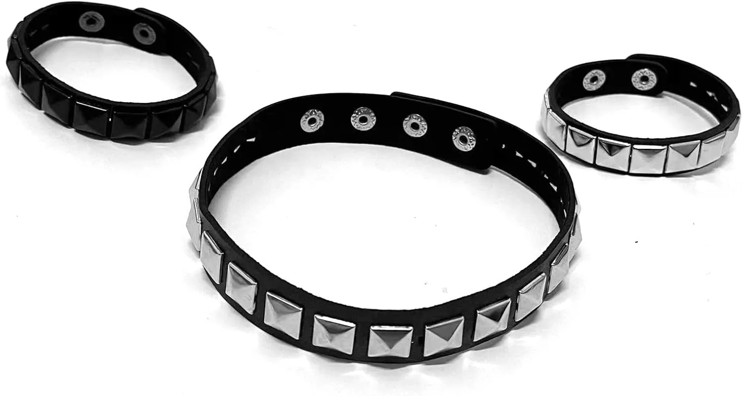 Studded Leather Choker Necklace and Bracelets Set for 80s 90s Vintage Women Men Punk Rock Emo Goth Jewelry Scene Costume Accessories