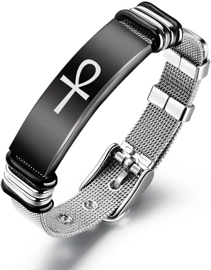 Stylish Egyptian Ankh Cross Bracelet, Stainless Steel Egypt Godness Prayer Amulet Mesh Bangle, Women Men's Pagan Anka Protection Talisman Symbolic Cuff Wristband, Adjustable, Black, Silver