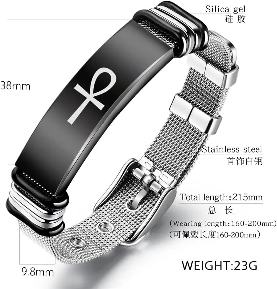 Stylish Egyptian Ankh Cross Bracelet, Stainless Steel Egypt Godness Prayer Amulet Mesh Bangle, Women Men's Pagan Anka Protection Talisman Symbolic Cuff Wristband, Adjustable, Black, Silver