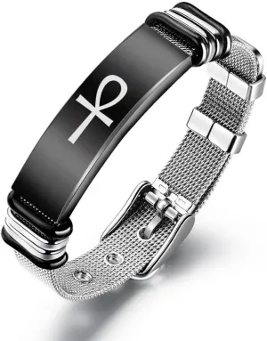 Stylish Egyptian Ankh Cross Bracelet, Stainless Steel Egypt Godness Prayer Amulet Mesh Bangle, Women Men's Pagan Anka Protection Talisman Symbolic Cuff Wristband, Adjustable, Black, Silver