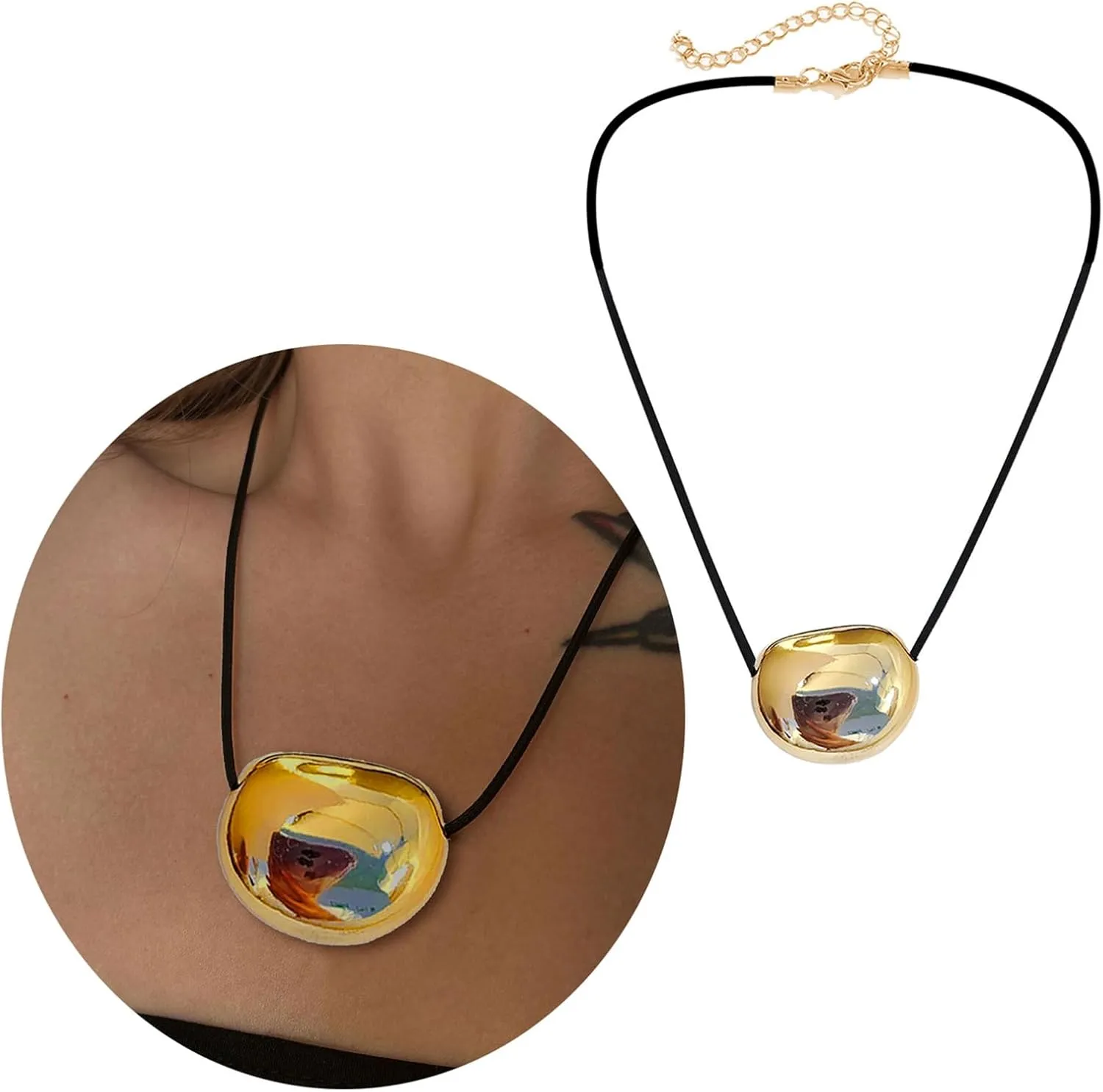 Stylish Metal Oval Shaped Neckchain Geometric Pendant Necklace Adjustable PU Leather Cord Clavicle Chain Elegant Jewelry, horizontal 1, Silver
