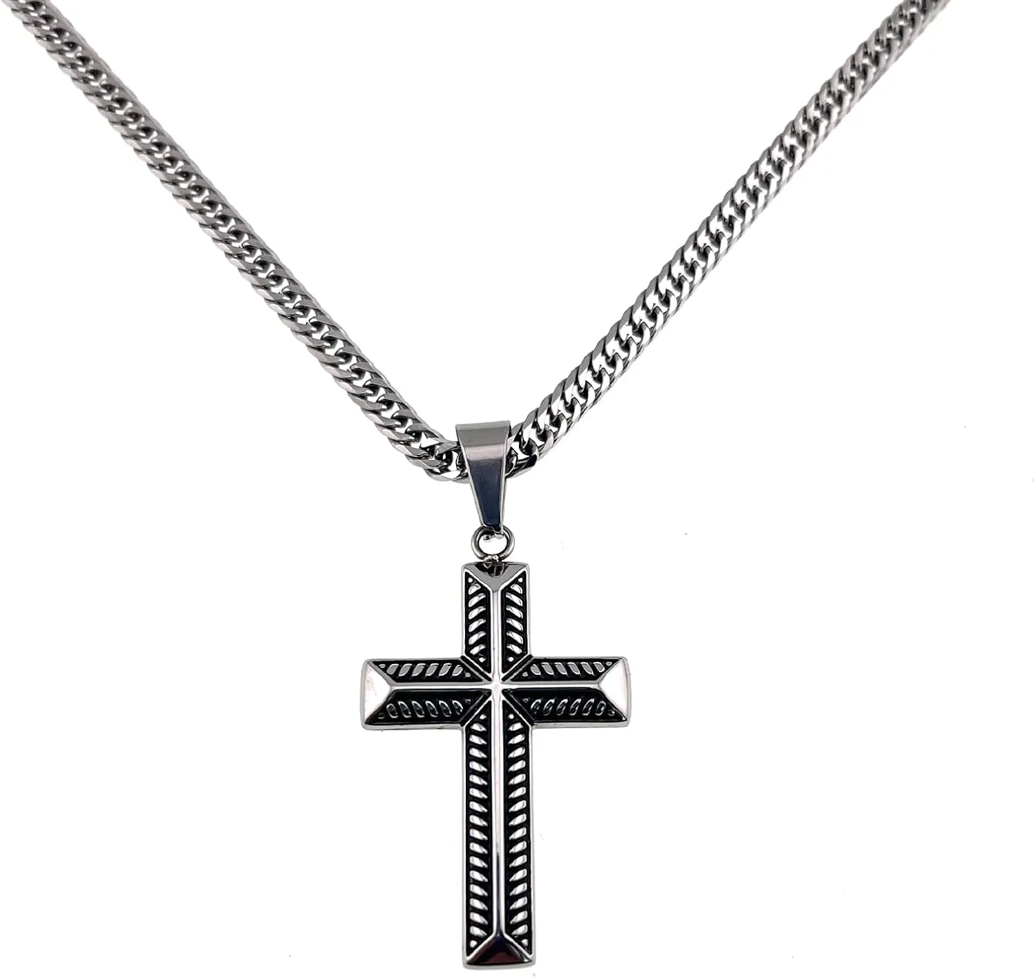 Stylish Stainless Steel Men's Cross Necklace, Black and Silver Patterns, Durable 20-Inch Chain, Elegant Handcrafted Jewelry Gift for Men