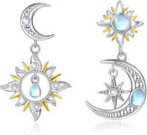 Sun Moon Earrings, S925 Sterling Silver Hypoallergenic Sunburst Crescent Dangle Earring Jewelry for Women Best Friend for Couples Women