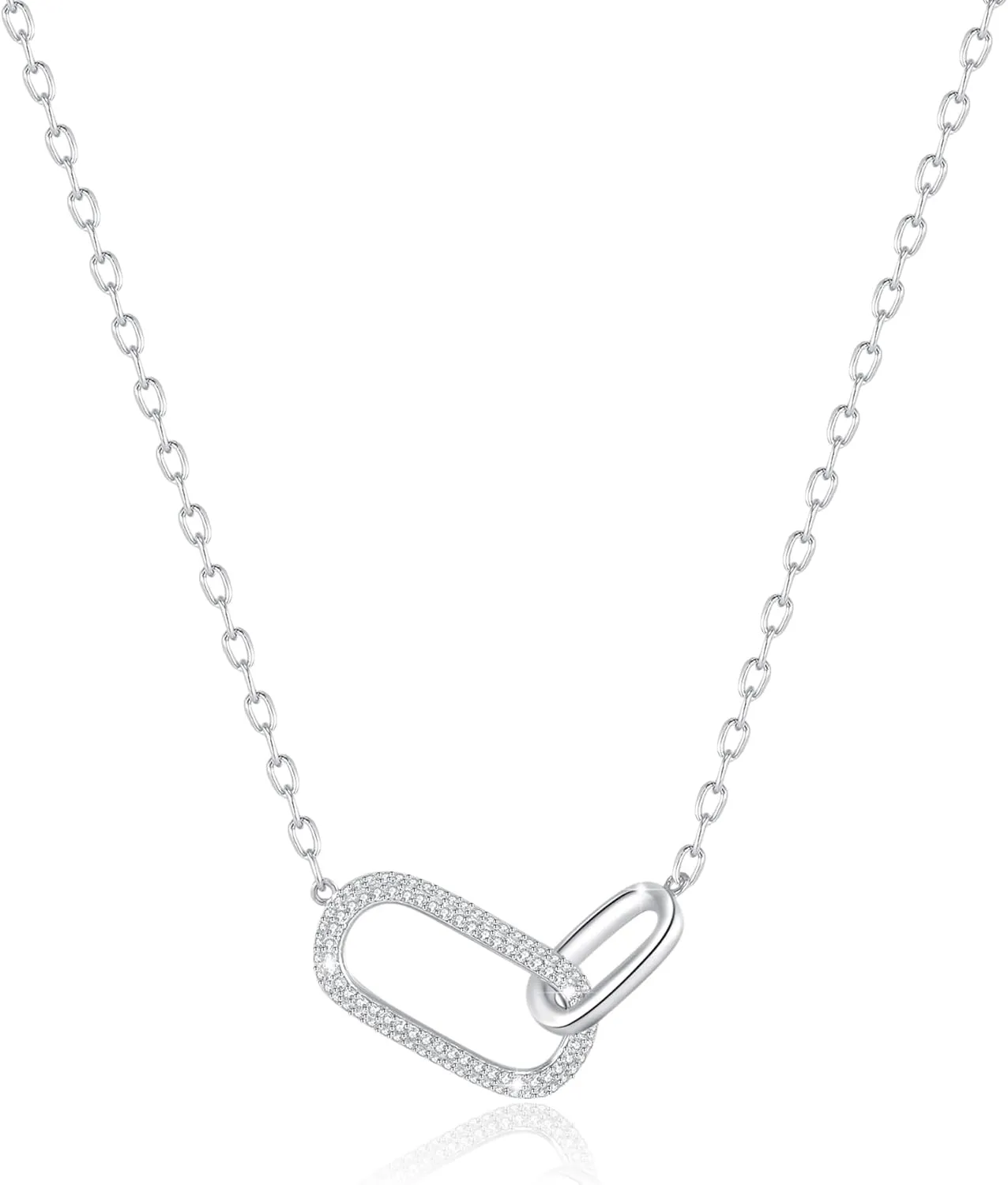 SUNFEEL 925 Sterling Silver Pendant Necklace for Women, Dainty Interlocking Paperclip Necklaces with Cubic Zirconia for Mom Wife Girlfriend Bridal Jewelry Gift for Prom Birthday Anniversary Party