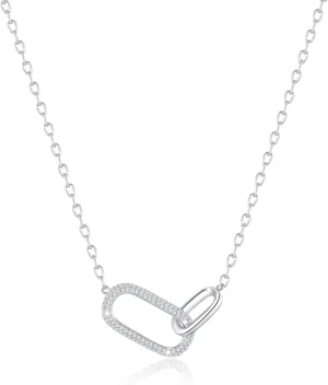 SUNFEEL 925 Sterling Silver Pendant Necklace for Women, Dainty Interlocking Paperclip Necklaces with Cubic Zirconia for Mom Wife Girlfriend Bridal Jewelry Gift for Prom Birthday Anniversary Party