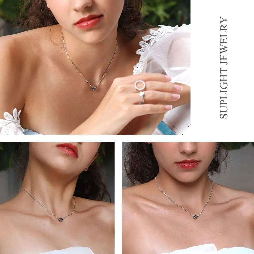 Suplight Dainty 925 Stelring Silver Heart Shape/Round Pendant Necklace, Cubic Zirconia/Rainbow Topaz Necklace Jewelry for Women(with Gift Box)
