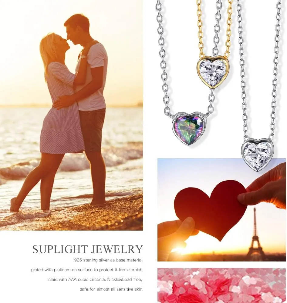 Suplight Dainty 925 Stelring Silver Heart Shape/Round Pendant Necklace, Cubic Zirconia/Rainbow Topaz Necklace Jewelry for Women(with Gift Box)