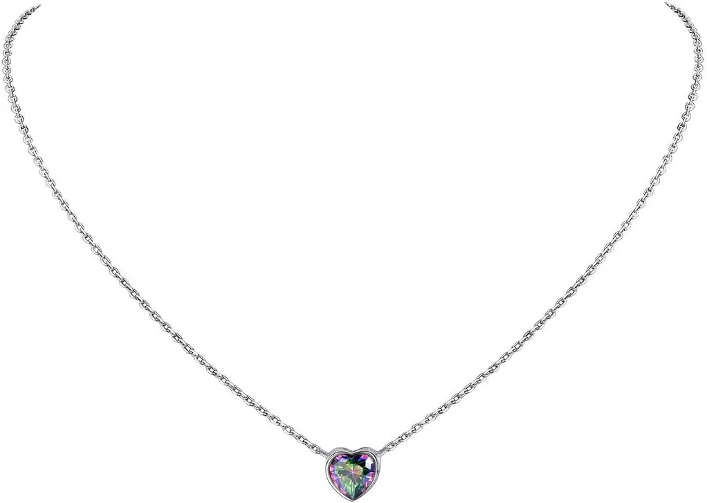 Suplight Dainty 925 Stelring Silver Heart Shape/Round Pendant Necklace, Cubic Zirconia/Rainbow Topaz Necklace Jewelry for Women(with Gift Box)