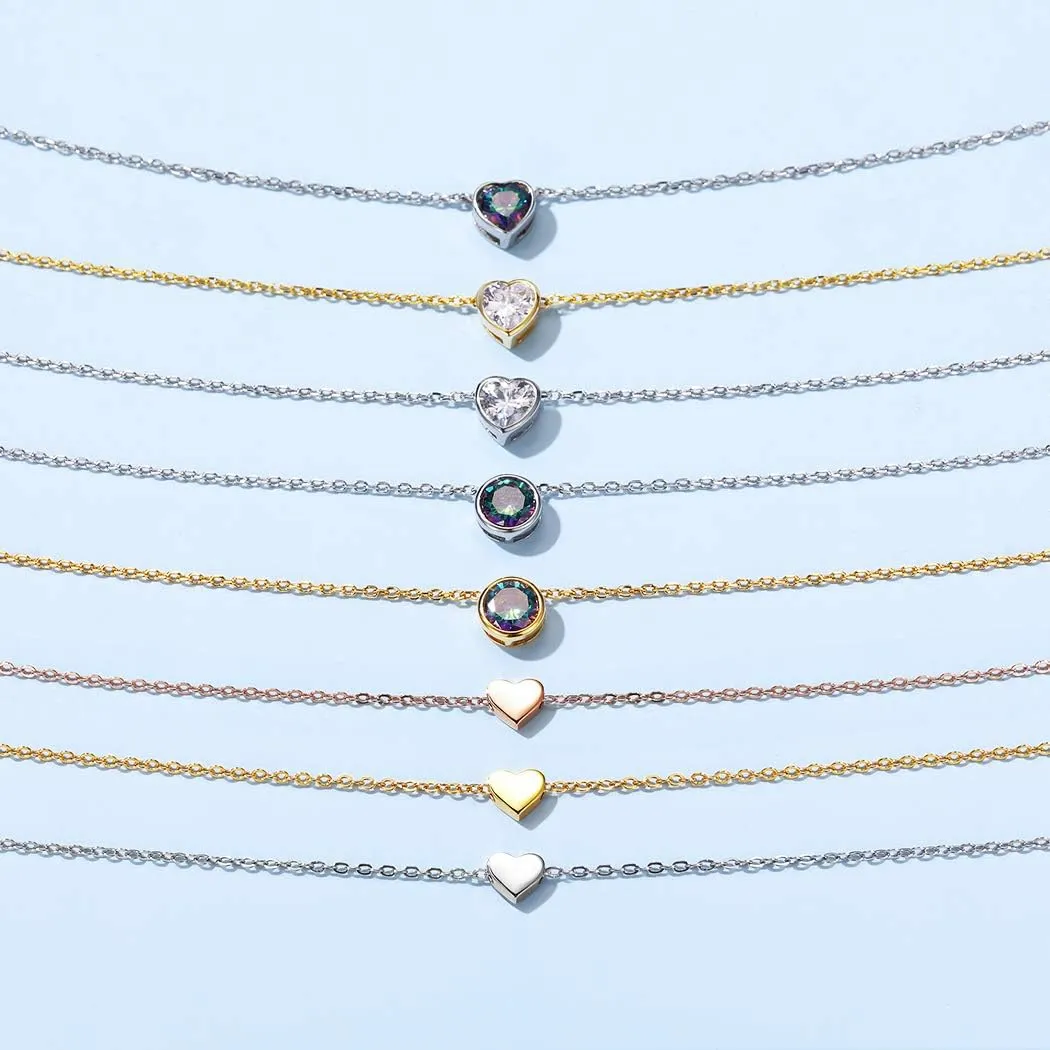 Suplight Dainty 925 Stelring Silver Heart Shape/Round Pendant Necklace, Cubic Zirconia/Rainbow Topaz Necklace Jewelry for Women(with Gift Box)