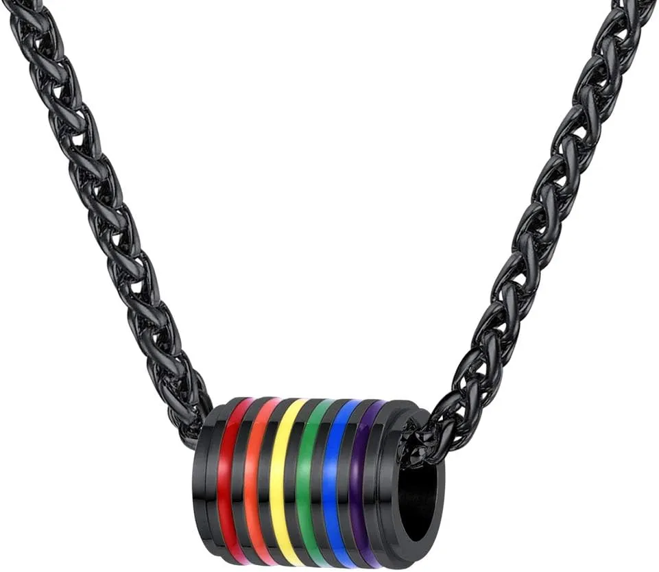 Suplight Hypoallergenic 925 Sterling Silver/Stainless Steel LGBT Bar/Dog Tag/Bead Pendant Necklace, Custom Engraved Rainbow Flag Lesbian Gay Pride Jewelry for Men Women with Gift Box