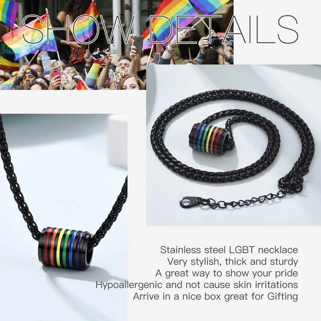 Suplight Hypoallergenic 925 Sterling Silver/Stainless Steel LGBT Bar/Dog Tag/Bead Pendant Necklace, Custom Engraved Rainbow Flag Lesbian Gay Pride Jewelry for Men Women with Gift Box