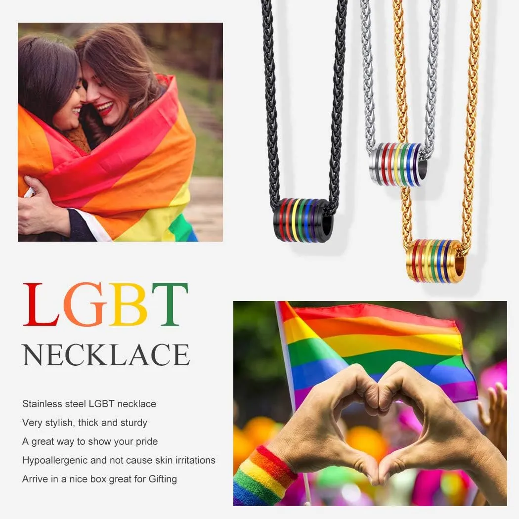 Suplight Hypoallergenic 925 Sterling Silver/Stainless Steel LGBT Bar/Dog Tag/Bead Pendant Necklace, Custom Engraved Rainbow Flag Lesbian Gay Pride Jewelry for Men Women with Gift Box