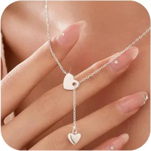 SUYACS 925 Sterling Silver Lariat Big Love Heart Necklaces for Women Double Heart Y Necklace Trendy Simple Minimalist Drop Dangle Chain Pendant Choker Necklace Jewelry for Mom Wife Daughter