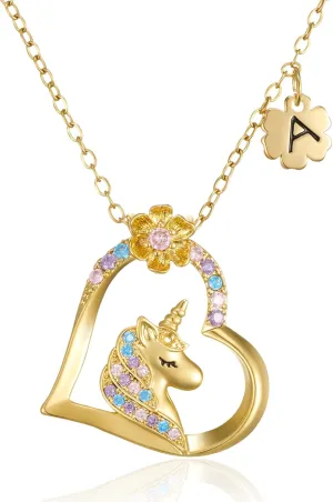 SWEETV Hypoallergenic Unicorn Necklace for Girls - 18K Gold Plated Cubic Zirconia Initial Heart Pendant, Unicorn Jewelry Gifts for Birthday/Christmas