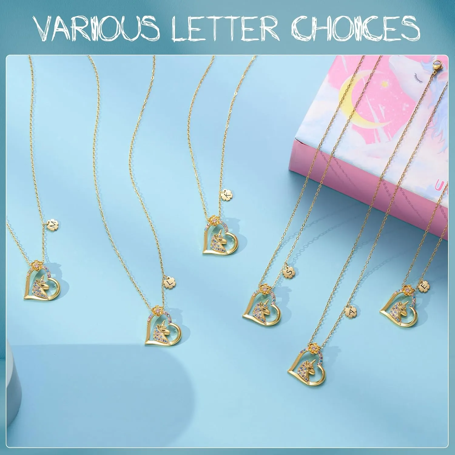 SWEETV Hypoallergenic Unicorn Necklace for Girls - 18K Gold Plated Cubic Zirconia Initial Heart Pendant, Unicorn Jewelry Gifts for Birthday/Christmas