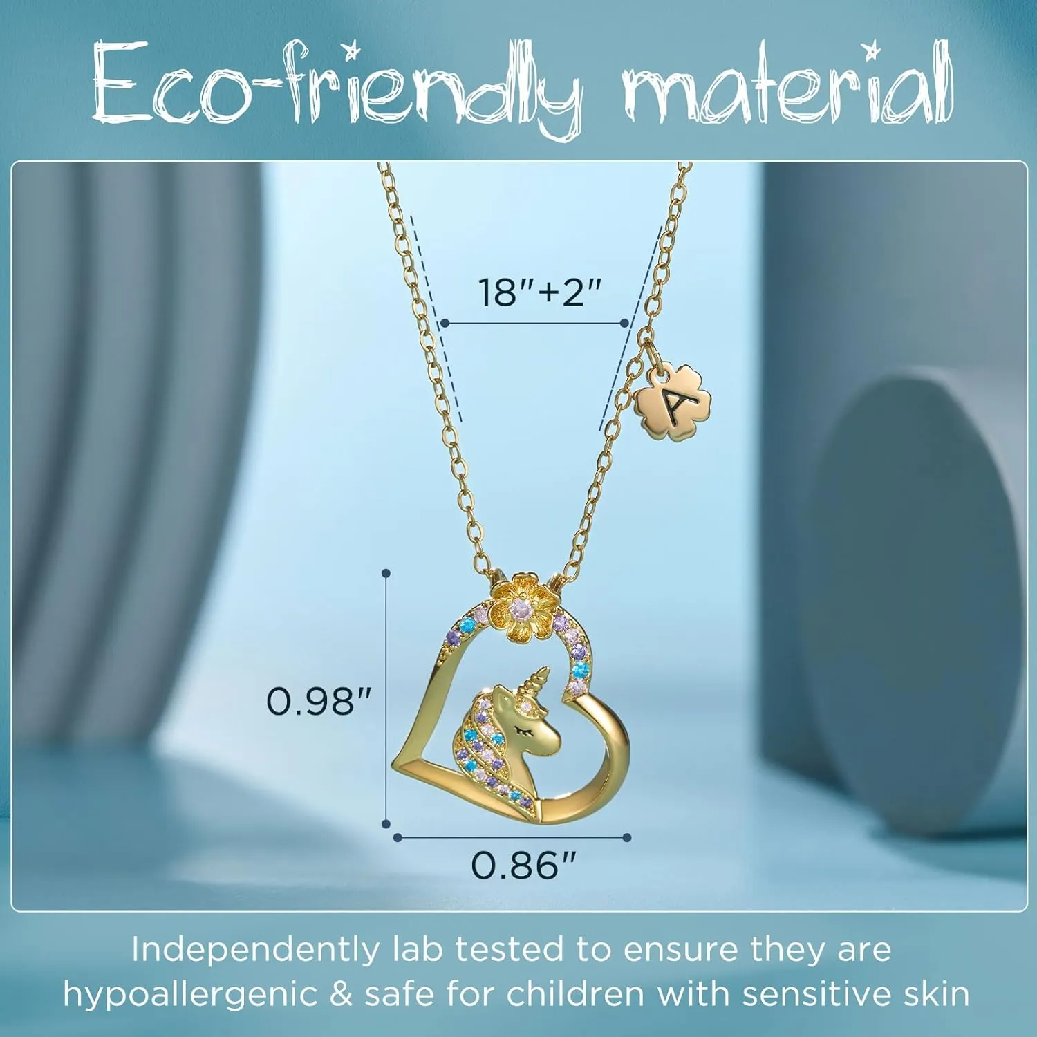 SWEETV Hypoallergenic Unicorn Necklace for Girls - 18K Gold Plated Cubic Zirconia Initial Heart Pendant, Unicorn Jewelry Gifts for Birthday/Christmas