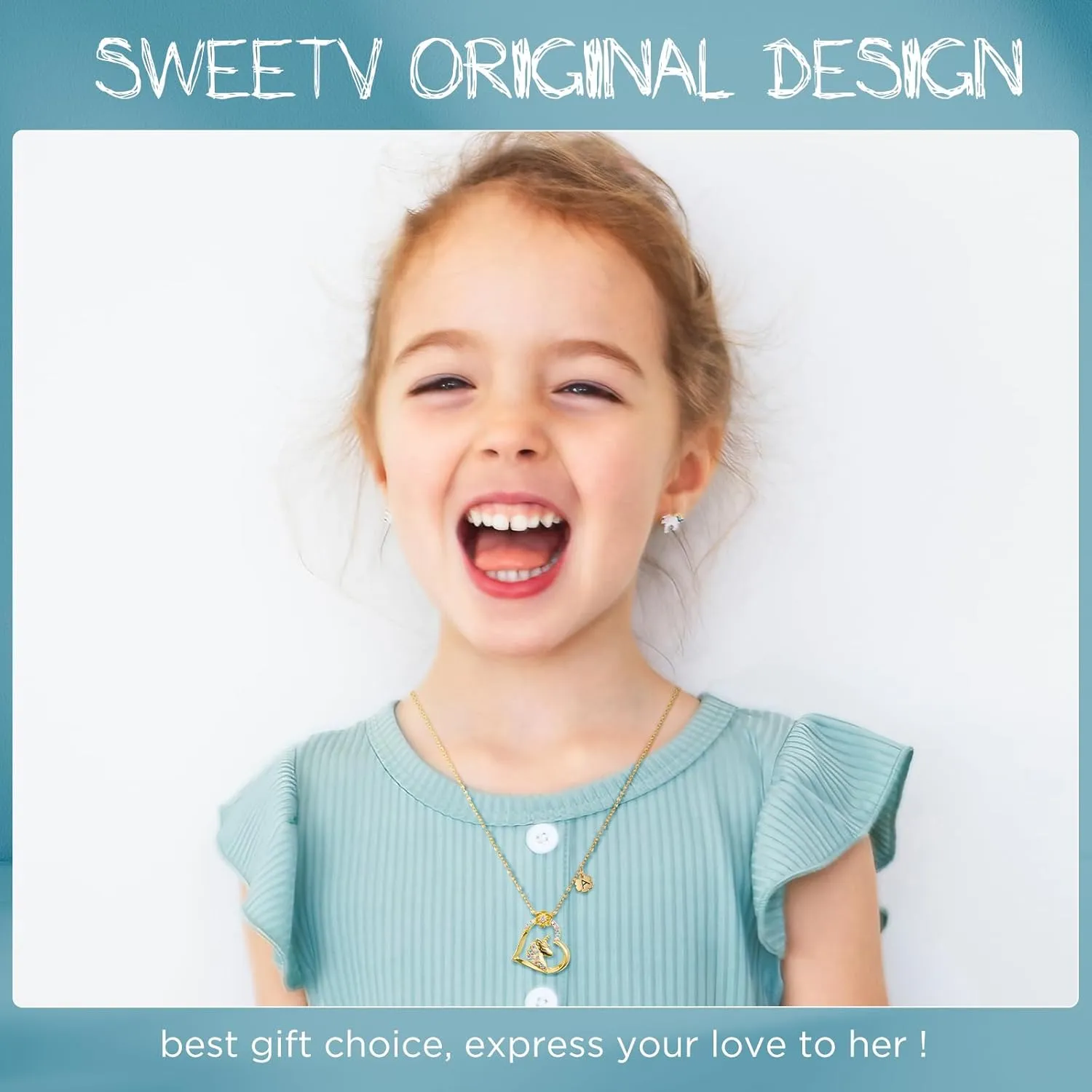 SWEETV Hypoallergenic Unicorn Necklace for Girls - 18K Gold Plated Cubic Zirconia Initial Heart Pendant, Unicorn Jewelry Gifts for Birthday/Christmas