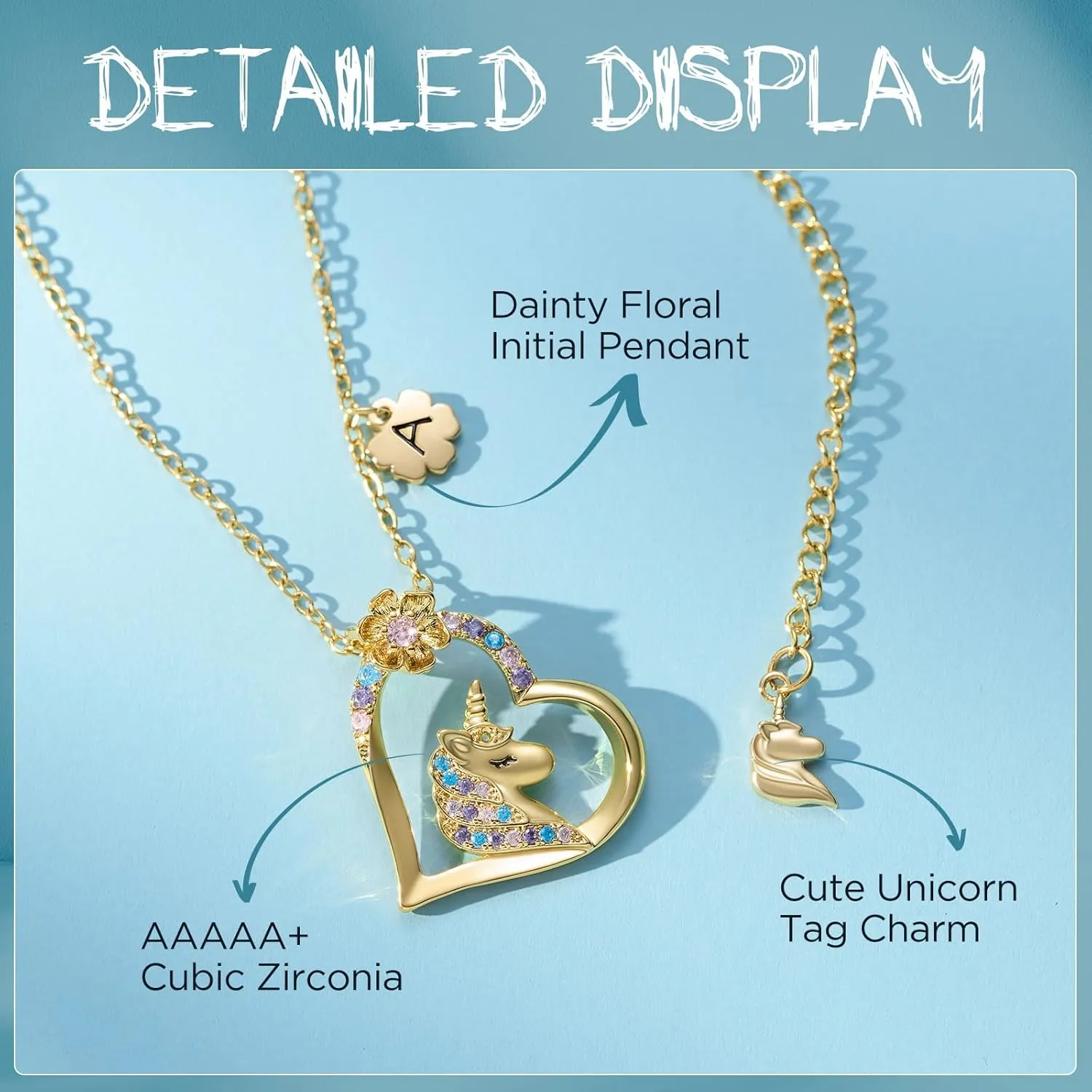 SWEETV Hypoallergenic Unicorn Necklace for Girls - 18K Gold Plated Cubic Zirconia Initial Heart Pendant, Unicorn Jewelry Gifts for Birthday/Christmas