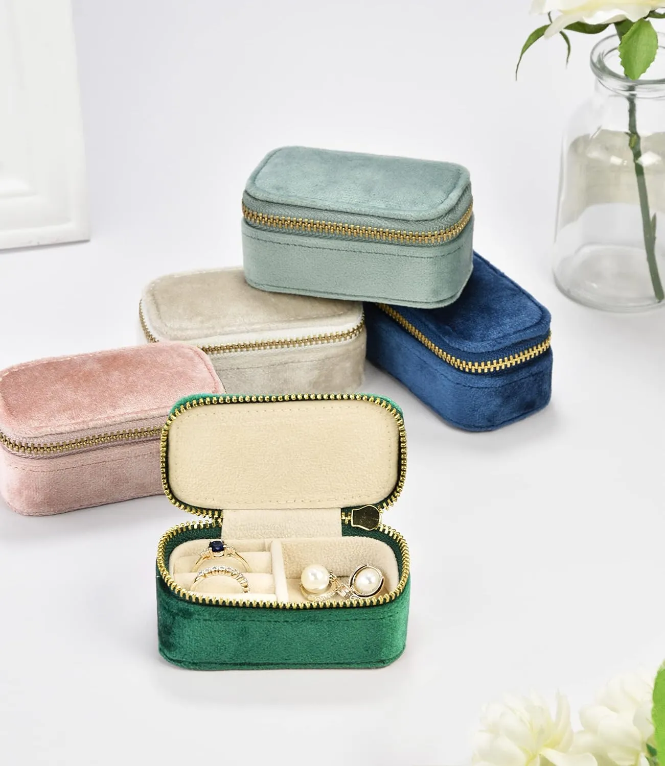 TAIMY Mini Travel Jewelry Case, Velvet Small Travel Jewelry Box, Portable Jewelry Travel Organizer Box for Rings Earrings Necklaces, Gifts for Women Girls(Blush Peach)