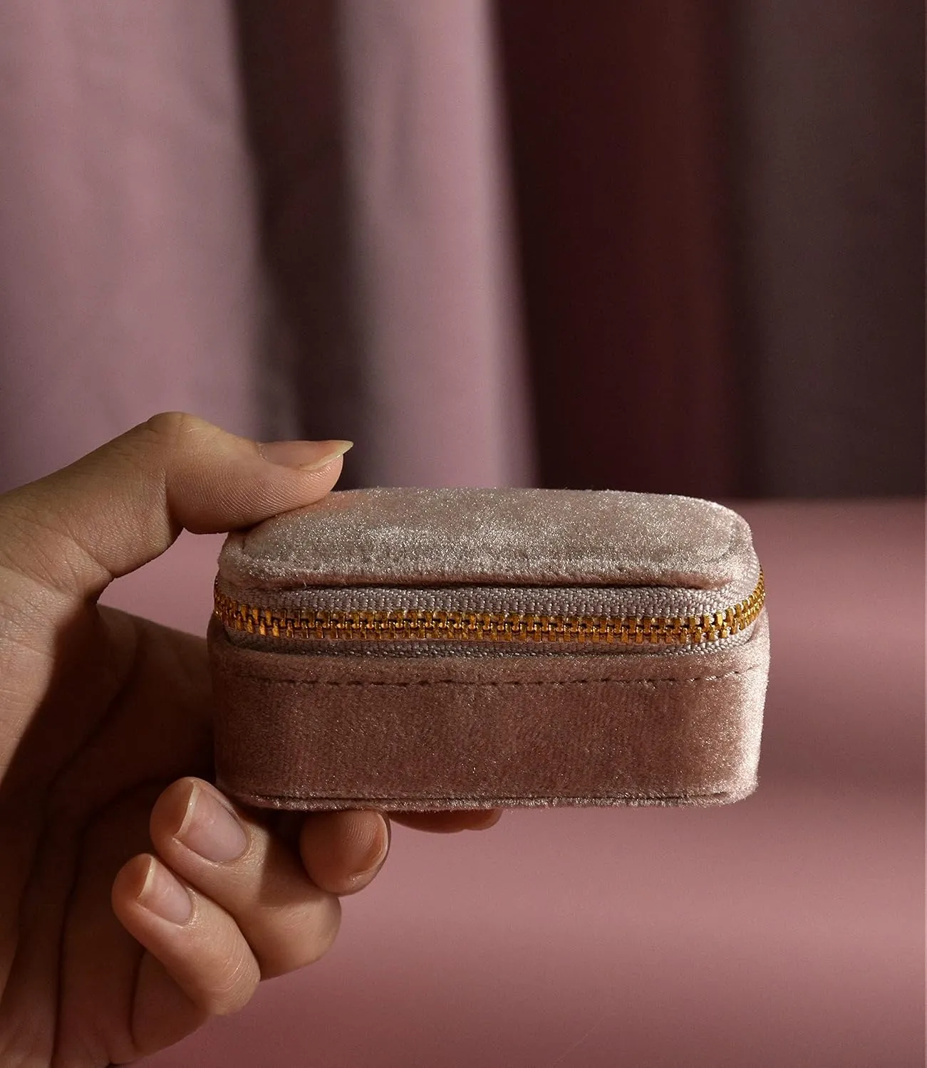 TAIMY Mini Travel Jewelry Case, Velvet Small Travel Jewelry Box, Portable Jewelry Travel Organizer Box for Rings Earrings Necklaces, Gifts for Women Girls(Blush Peach)