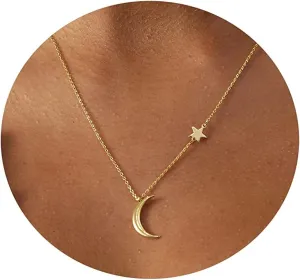 Tasiso Dainty Moon and Star Pendant Necklace for Women 14K Gold Crescent Moon Long Necklace Delicate Tiny Star Charm Necklace Minimalist Jewelry