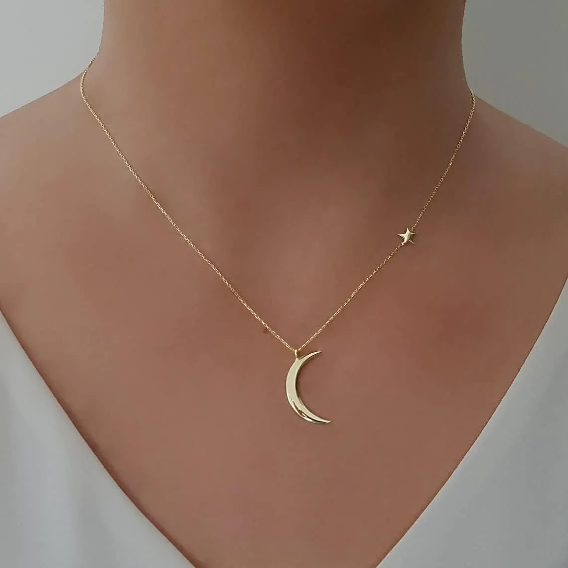 Tasiso Dainty Moon and Star Pendant Necklace for Women 14K Gold Crescent Moon Long Necklace Delicate Tiny Star Charm Necklace Minimalist Jewelry