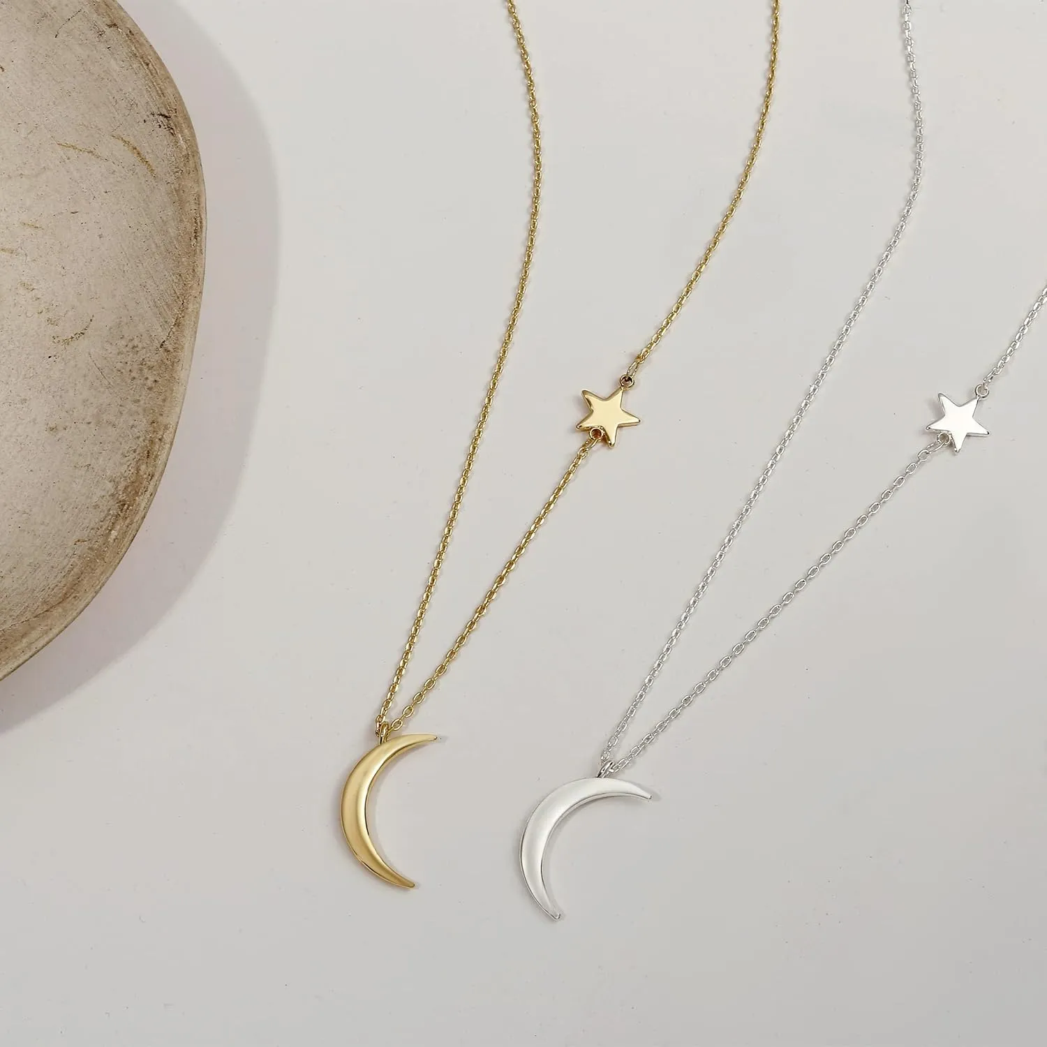 Tasiso Dainty Moon and Star Pendant Necklace for Women 14K Gold Crescent Moon Long Necklace Delicate Tiny Star Charm Necklace Minimalist Jewelry