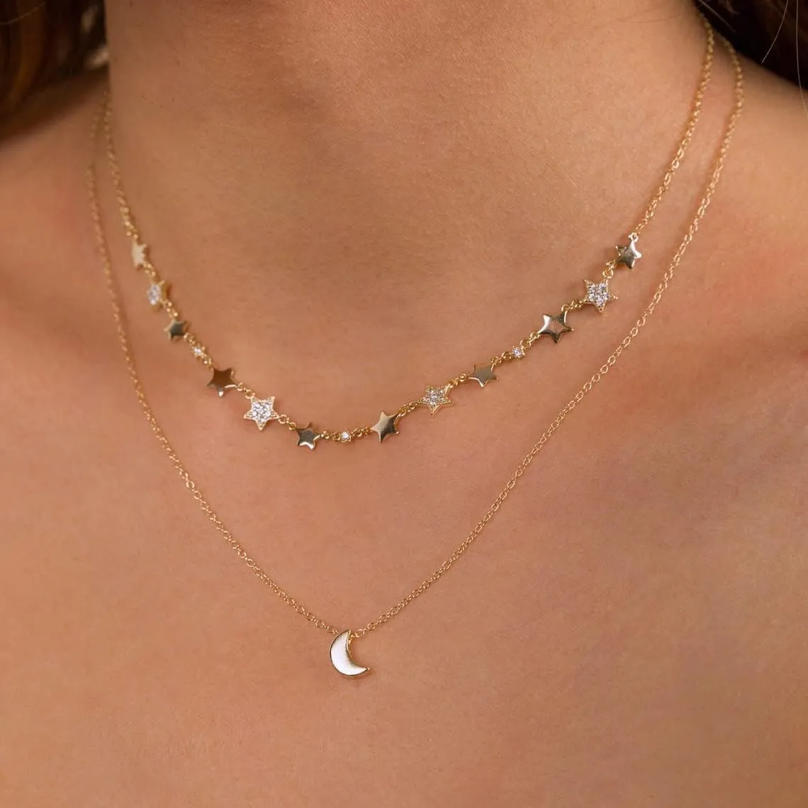 Tasiso Dainty Moon and Star Pendant Necklace for Women 14K Gold Crescent Moon Long Necklace Delicate Tiny Star Charm Necklace Minimalist Jewelry