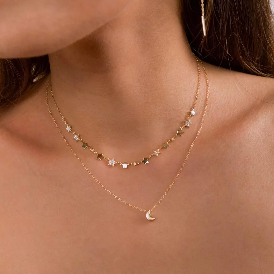 Tasiso Dainty Moon and Star Pendant Necklace for Women 14K Gold Crescent Moon Long Necklace Delicate Tiny Star Charm Necklace Minimalist Jewelry