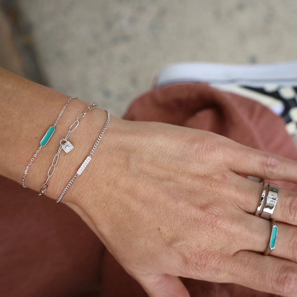 Teal Enamel Bar Silver Bracelet