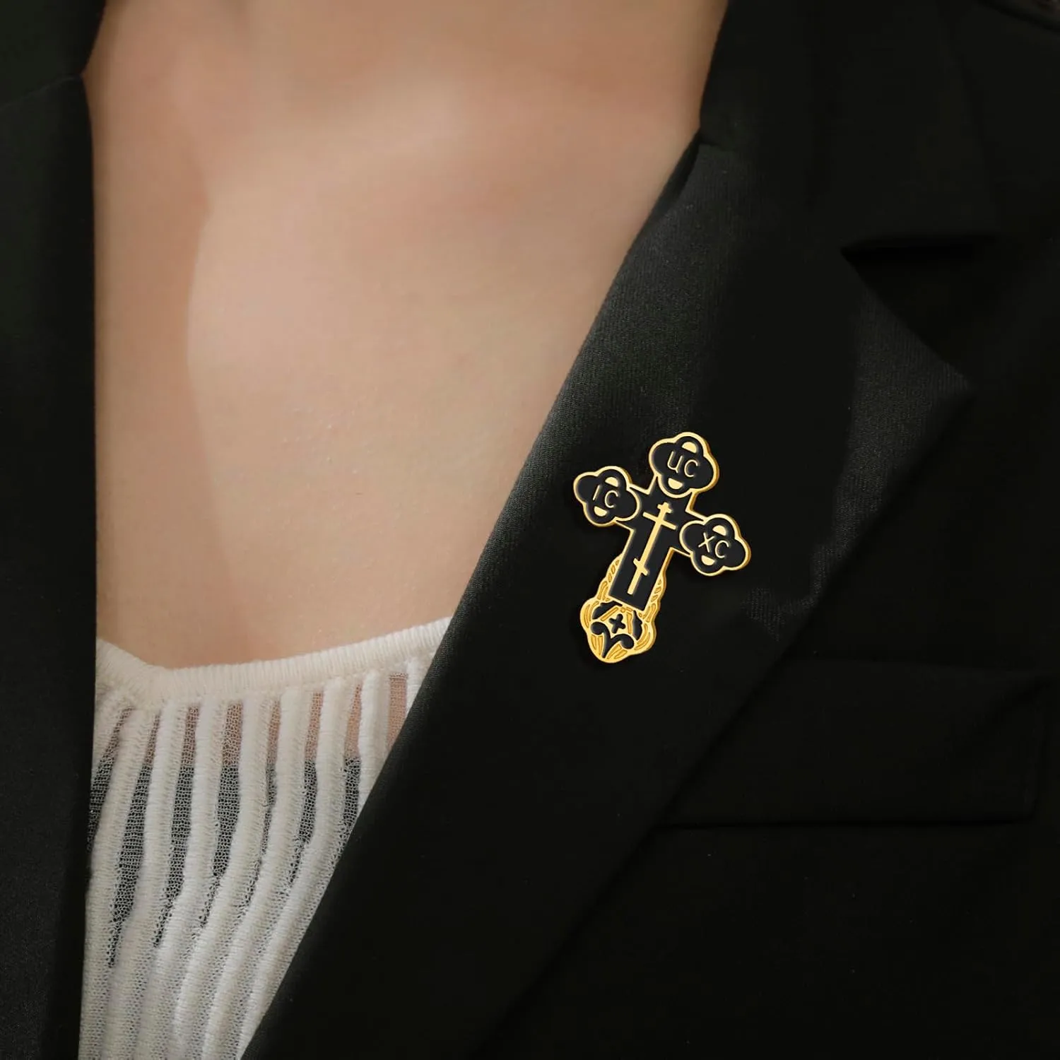 TEAMER Cross Brooch Pins Russian Orthodox Crucifix Eastern Church Brooch Religious Christian Prayer Jewelry for Men Women