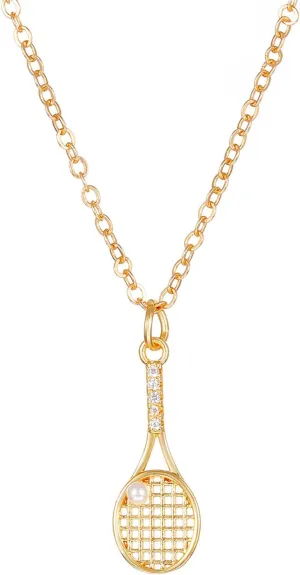 Tennis Racket Pearl Pendant Necklace Gold Plated Charm Mini Sport Ball Racquet Chic Crystal Rhinestone Chain Necklace for Women Tennis Sports Lover Birthday Christmas Party Fashion Jewelry Gifts